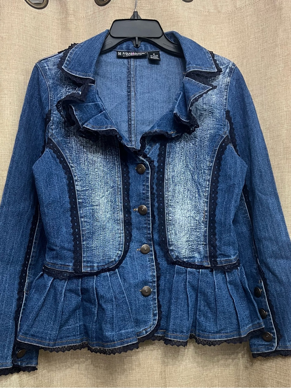 The Pyramid Collection Blue Denim Jacket with Pink Logo Accent